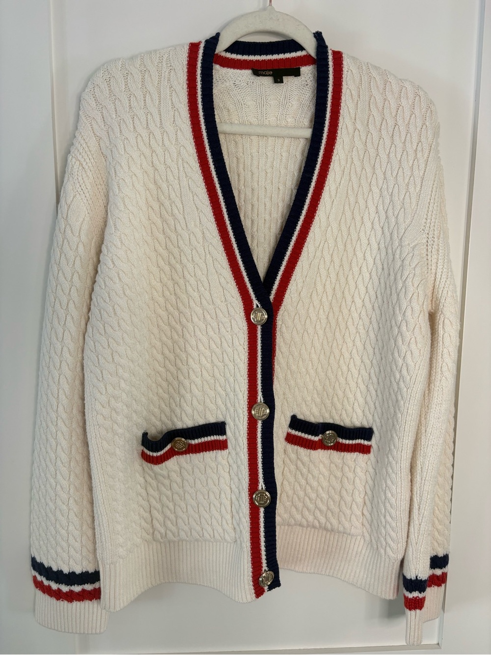 Maje Cream Cable Knit Nautical Gold Button Wool Blend Cardigan Size 3 (Large)